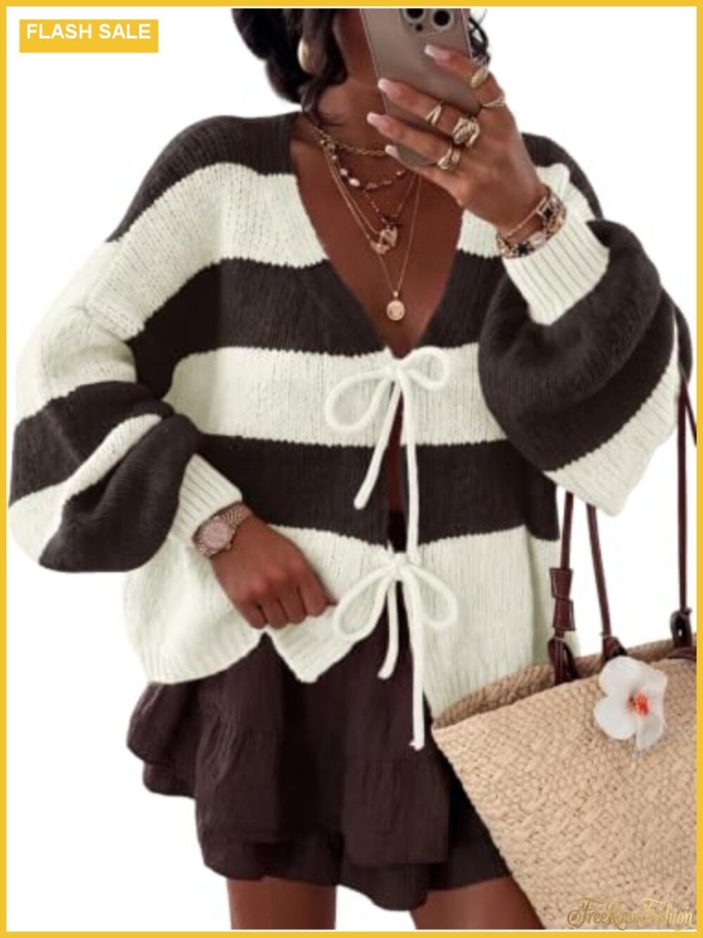 Oversized Striped Chunky Knit Cardigan Sweater with Bow Tie